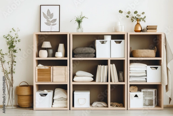 Fototapeta Organized closet with neatly arranged clothes and storage boxes in a modern home interior.