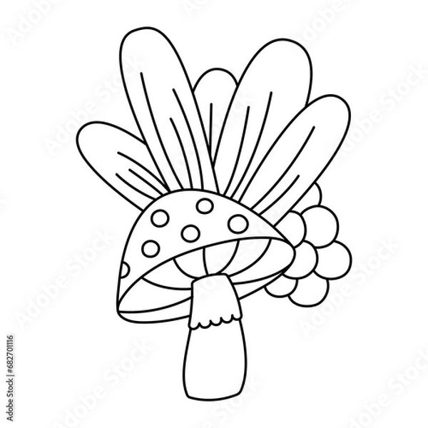 Fototapeta Wild mushrooms and plants on a white background, outline drawn vector illustration, 
Contour black line mushroom, Forest plant sketches, cartoon style