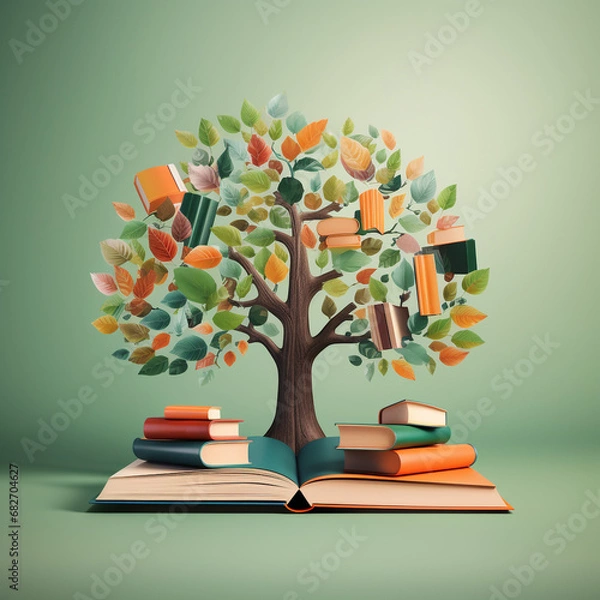 Fototapeta Creative tree growth with books leaves concept for Teacher's Day. AI generated.