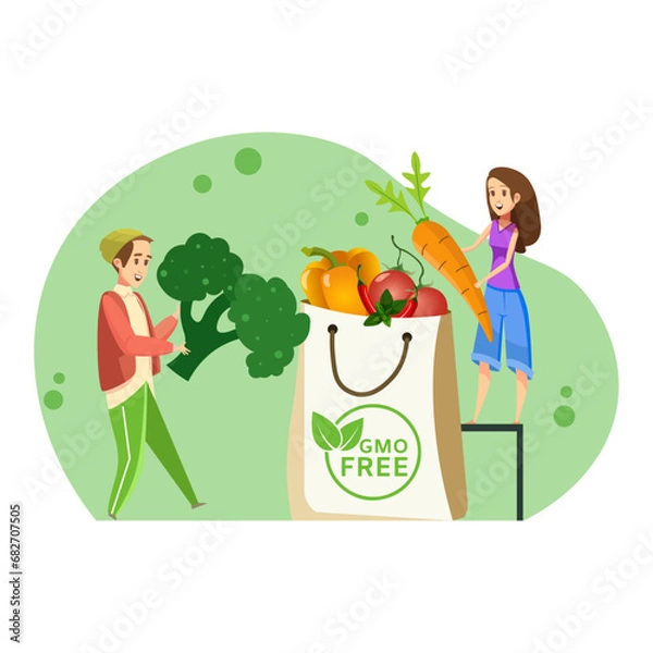 Fototapeta The concept of proper nutrition. A girl and a guy with vegetables in their hands. Healthy lifestyle, non-GMO products. Vector