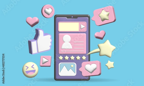 Fototapeta 3D Mobile phone, social, profile popular like button, smile video icon and pop up, 3D illustration.