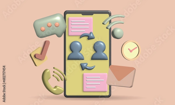 Fototapeta 3D Mobile phone,  Communication between people using mobile phones modern communication system, 3D illustration.