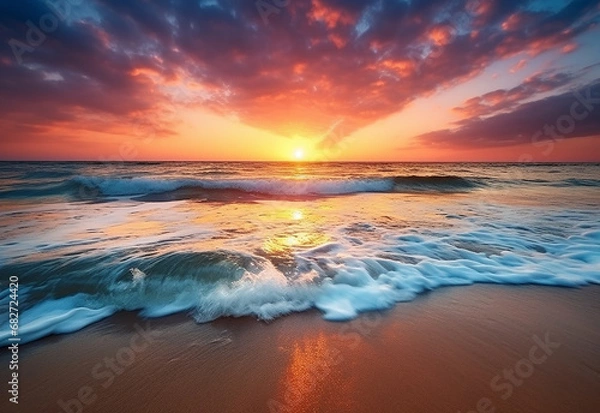 Fototapeta Beautiful sunset over the sea with a view at coconut tree on the white beach