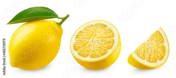 Fototapeta Lemon isolated set. Collection of ripe lemon, half and slice on a transparent background.