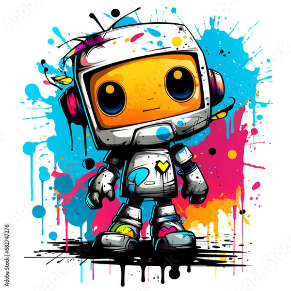 Fototapeta Cute cartoon Robots. Funny cyborgs. Steampunk Robots. AI Generated.