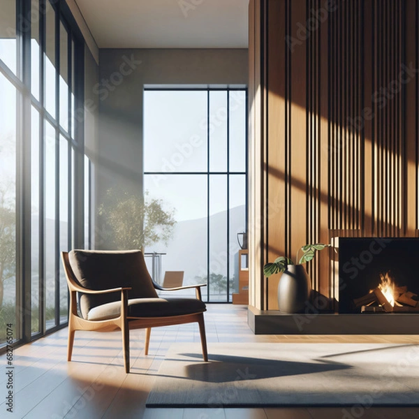 Fototapeta Modern Living Room, Wood Chair by Fireplace Against the Window, Home Interior, Studio Lighting for a Cozy Atmosphere. Generative Ai