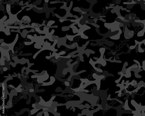 Fototapeta Camouflage Military Hunter. Black Repeat Pattern. Seamless Vector Background. Urban Camo Paint.  Seamless Brush. Modern Gray Pattern. Digital Dirty Camouflage. Army Gray Grunge. Tree Woodland Print.