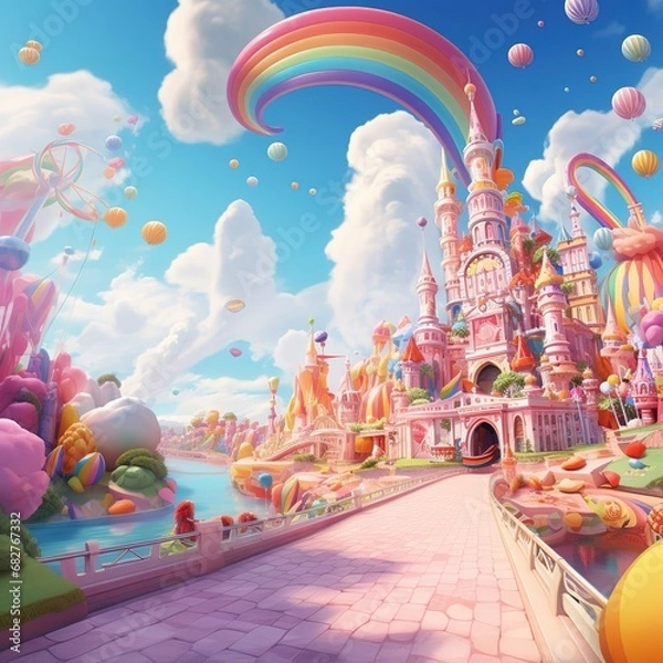 Obraz Amusement park colorful candies clouds rainbows fairies candy