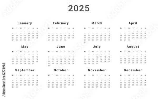 Obraz 2025 Annual Calendar template. Vector layout of a wall or desk simple calendar with week start Monday. Calendar design in black and white colors