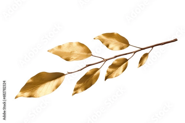 Fototapeta golden tree branch with leaves isolated on a transparent background, a glided branch or a twig of a tree with leaf PNG for decorative mockups or template background, a gold painted wooden Stick
