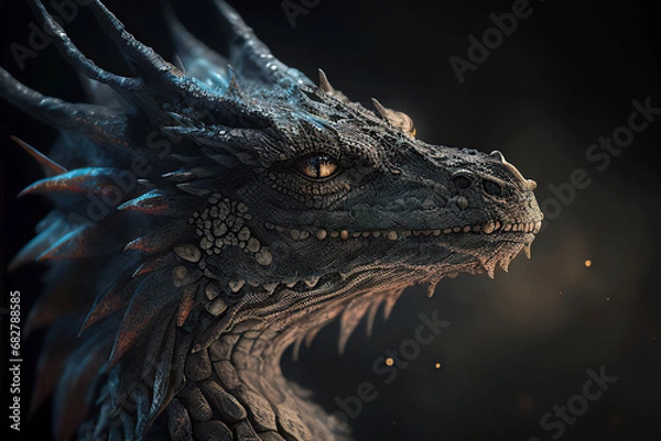 Fototapeta Portrait of a dark ancient dragon on a black background, Year of the Dragon, Generative AI