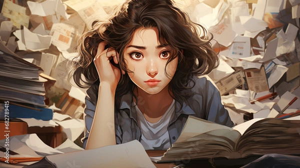 Fototapeta 大量の書類に頭を悩ます女性