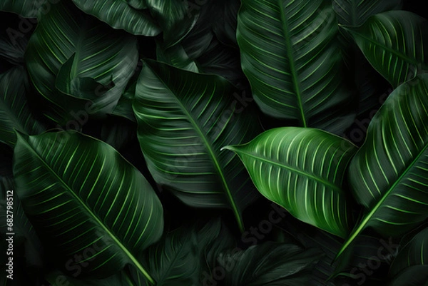 Fototapeta Close-up of Green Leaves on a Black Background. Generative Ai