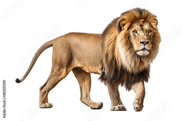 Fototapeta Side view of a Lion walking on a clipped PNG transparent background