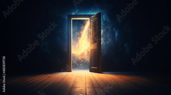 Fototapeta Otwarte magiczne drzwi w ciemnym pokoju. Magiczne cząstki, dym, smog