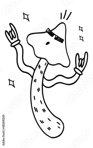 Fototapeta Mushroom, doodle, retro style. Funny mushroom dancing at a hippie-style party.