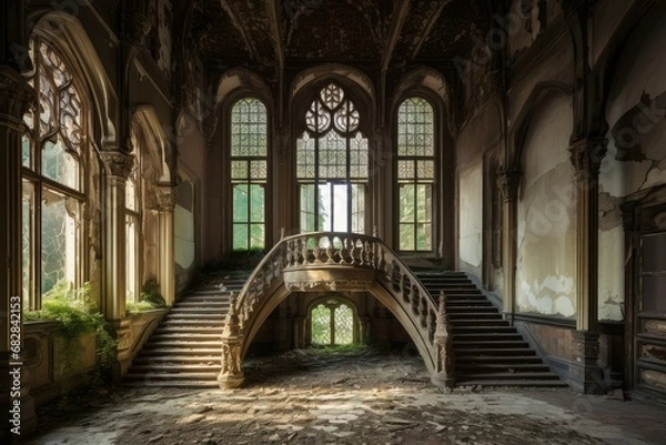 Fototapeta Weathered Abandoned interior castle. Hall dirty. Generate Ai