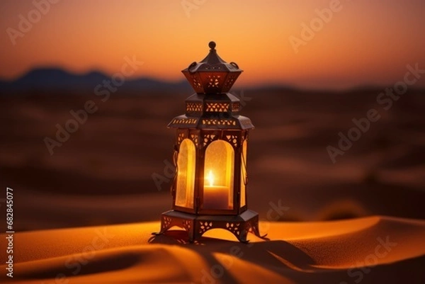 Fototapeta Traditional Ramadan lantern in desert. Islamic crescent star. Generate Ai