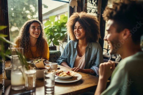 Obraz Group of young smiling friends having breakfast in a restaurant