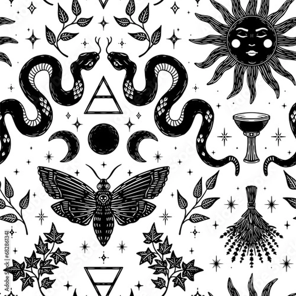 Obraz Witchy pattern with magic symbols. Repeat celestial background with esoteric symbols like a sun, triple moon, dead head moth. Seamless pattern for astrology and tarot. Linocut print style. Vector .