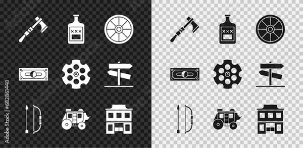 Obraz Set Tomahawk axe, Whiskey bottle, Old wooden wheel, Bow and arrow in quiver, Western stagecoach, Wild west saloon, Stacks paper money cash and Revolver cylinder icon. Vector