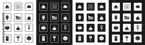 Fototapeta Set Jelly cake, Piece of, Strawberry in chocolate, Cake, Pudding custard, Waffle, Ice cream and Brownie icon. Vector