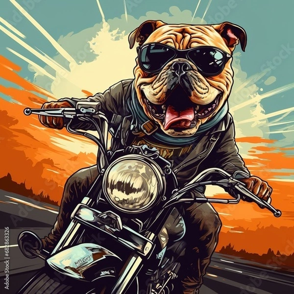 Obraz Bulldog riding a mortorcycle in the summer