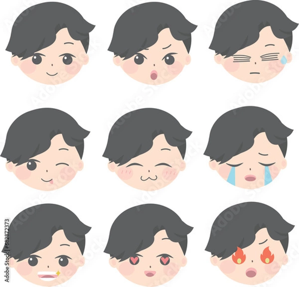 Fototapeta a set of cute expressions with different faces, in the style of aestheticized violence, song dynasty, nintencore, creative commons attribution, lit kid, handsome, sterling silver highlights
