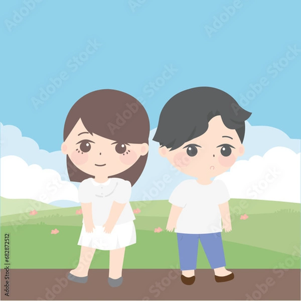Fototapeta two kids standing together on the road, in the style of animated gifs, romantic conception, light brown and white, gongbi, realistic, dark brown and light blue, ferrania 