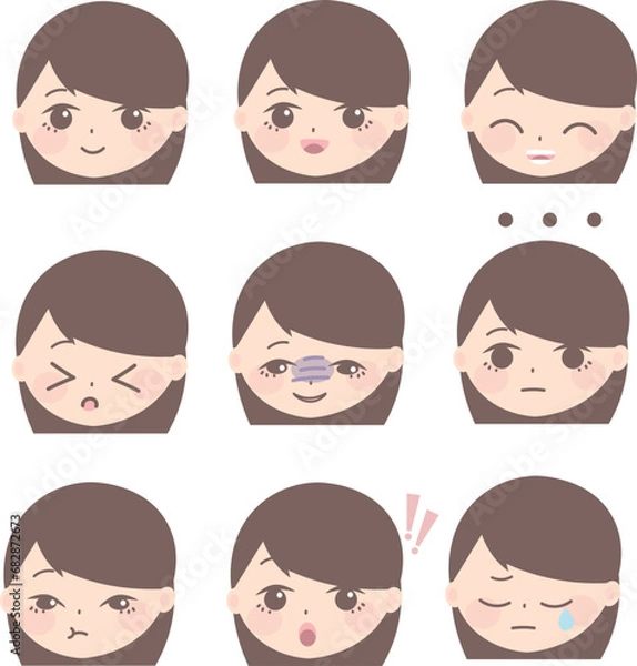 Fototapeta woman's expression emotion faces pack screenshot, in the style of japanese, light purple and dark beige, princesscore, stencils, tondo, unconventional poses, dark white and dark azure