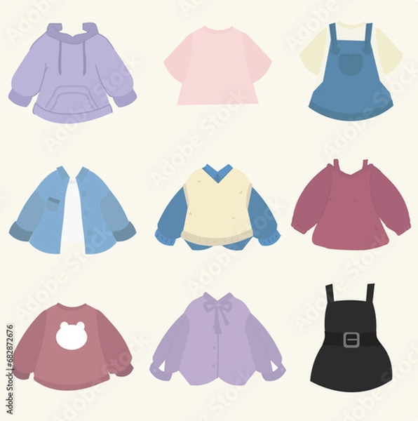 Fototapeta an assortment of for boys and girls, in the style of pastel-hued, genderless, minimalistic japanese, violet and brown, catcore, light red and dark indigo, cartoonish style