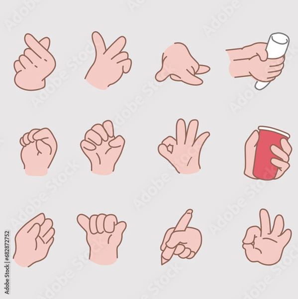Fototapeta hand gestures collection vector of hand gestures, in the style of light pink and bronze, studyblr, letterboxing, high-angle, animated gifs, hand-coloring, light red and light pink