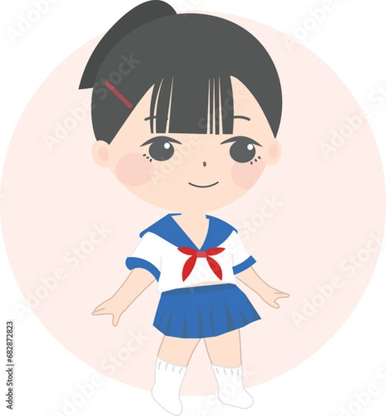 Fototapeta a cartoon girl in a sailor suit, in the style of japanese-inspired imagery, light pink and dark blue, tinkercore, animated gifs, barbizon school, traditional vietnamese, dark white and light red