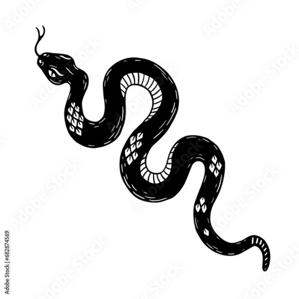 Obraz Serpentine illustration,  black snak witchy magic symbol. Linocut print style. Vector.
