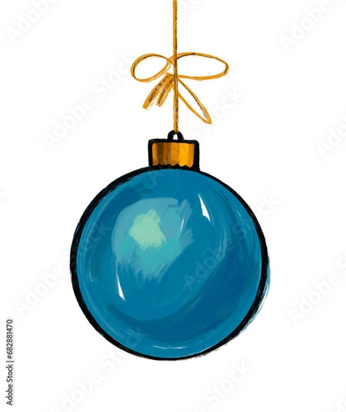 Fototapeta Blue Christmas ball on a golden string with a bow. Solid Color Glass toy, Christmas decoration. Isolated object on a white background. Design element of a New Year's sale banner, print, postcard