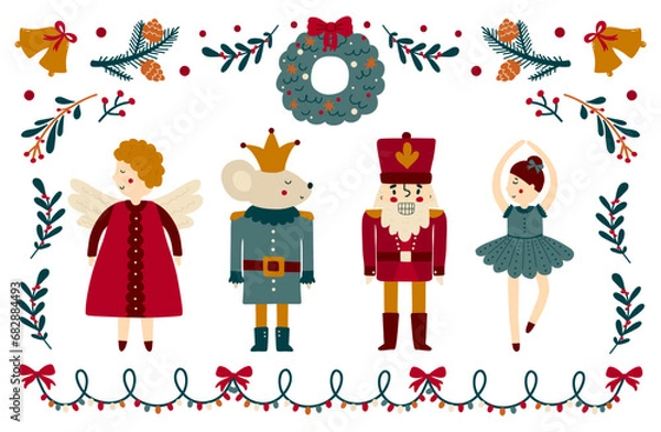 Fototapeta Colorful set of Christmas characters Nutcracker, ballerina, mouse and angel. Holiday statues. 