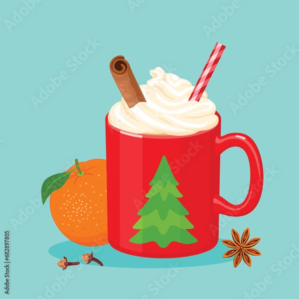 Fototapeta Cocoa with whipped cream and cinnamon stick in red mug decorated with Christmas tree. Winter holiday card. Vector cartoon flat illustration.