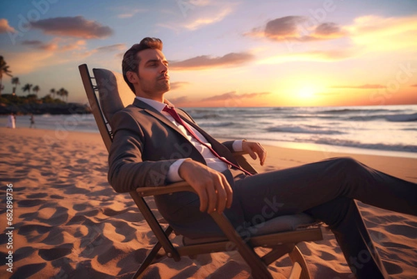 Obraz businessman in a suit relaxing on a beach chair against a stunning sunset over the sea
