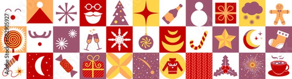 Obraz Modern Christmas Advent Calendar Template. A set of simple Christmas elements without dates in retro flat style. Set of New Year symbols. Reindeer, Christmas tree, gift, cocoa cup, red sweater etc.