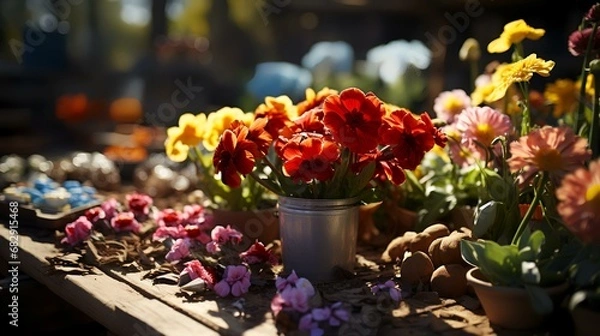 Fototapeta Flowers in pots on the garden table. Selective focus.
