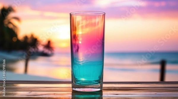 Fototapeta photo of an ombre colorful cocktail in a tall cocktail glass, in an outdoor beach bar, palmtree beach, turquoise ocean, summer day, pastel colors