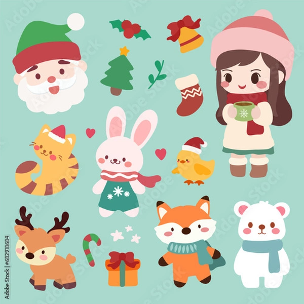 Obraz Cute Christmas Design Element Vector Illustration Set.Christmas set with colorful elements, Santa, deer, girl, cat, gifts, bear, bunny, fox, duck, vector illustration in flat cartoon style.