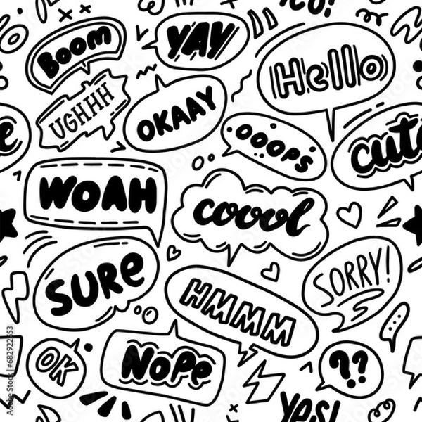Obraz Seamless Trendy speech bubbles in flat hand drawn design with short messages. Cute Comic Style. Dialog windows with phrases Yes. Icons and bubble such as line, hearts, and sparkles.Seamless background