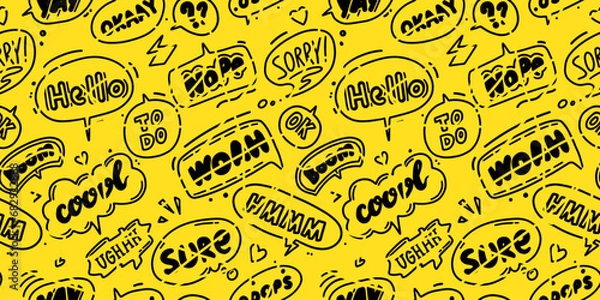 Obraz Seamless Trendy speech bubbles in flat hand drawn design with short messages. Cute Comic Style. Dialog windows with phrases Yes. Icons and bubble such as line, hearts, and sparkles.Seamless background