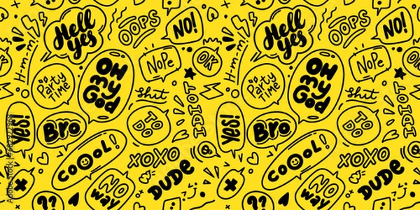 Obraz Seamless Trendy speech bubbles in flat hand drawn design with short messages. Cute Comic Style. Dialog windows with phrases Yes. Icons and bubble such as line, hearts, and sparkles.Seamless background