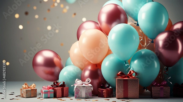 Fototapeta Wide happy birthday background, birthday celebration banner backdrop with different colorful balloons and gift boxes in dark environment 