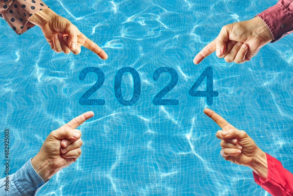 Fototapeta 2024, People pointing to the number 2024 on background of faded lights. Happy New Year
