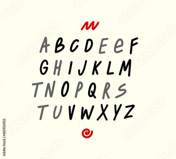 Obraz Hand draw alphabet with capital letters. Sleek unique vector font. Typography font with Brush Font Type Font lettering handwritten. Minimal technology typography