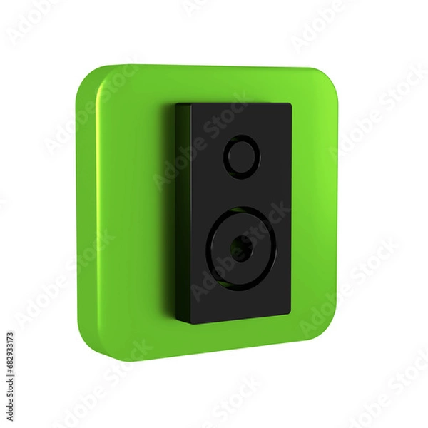 Fototapeta Black Stereo speaker icon isolated on transparent background. Sound system speakers. Music icon. Musical column speaker bass equipment. Green square button.