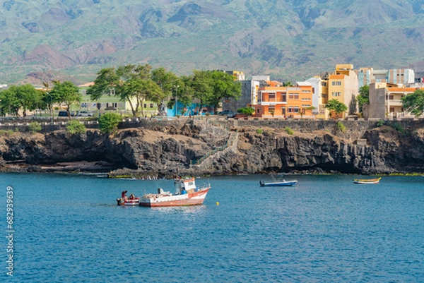 Obraz Coastal view with fisher boat on Santo Antao with the Atlantic Ocean at Porto Novo